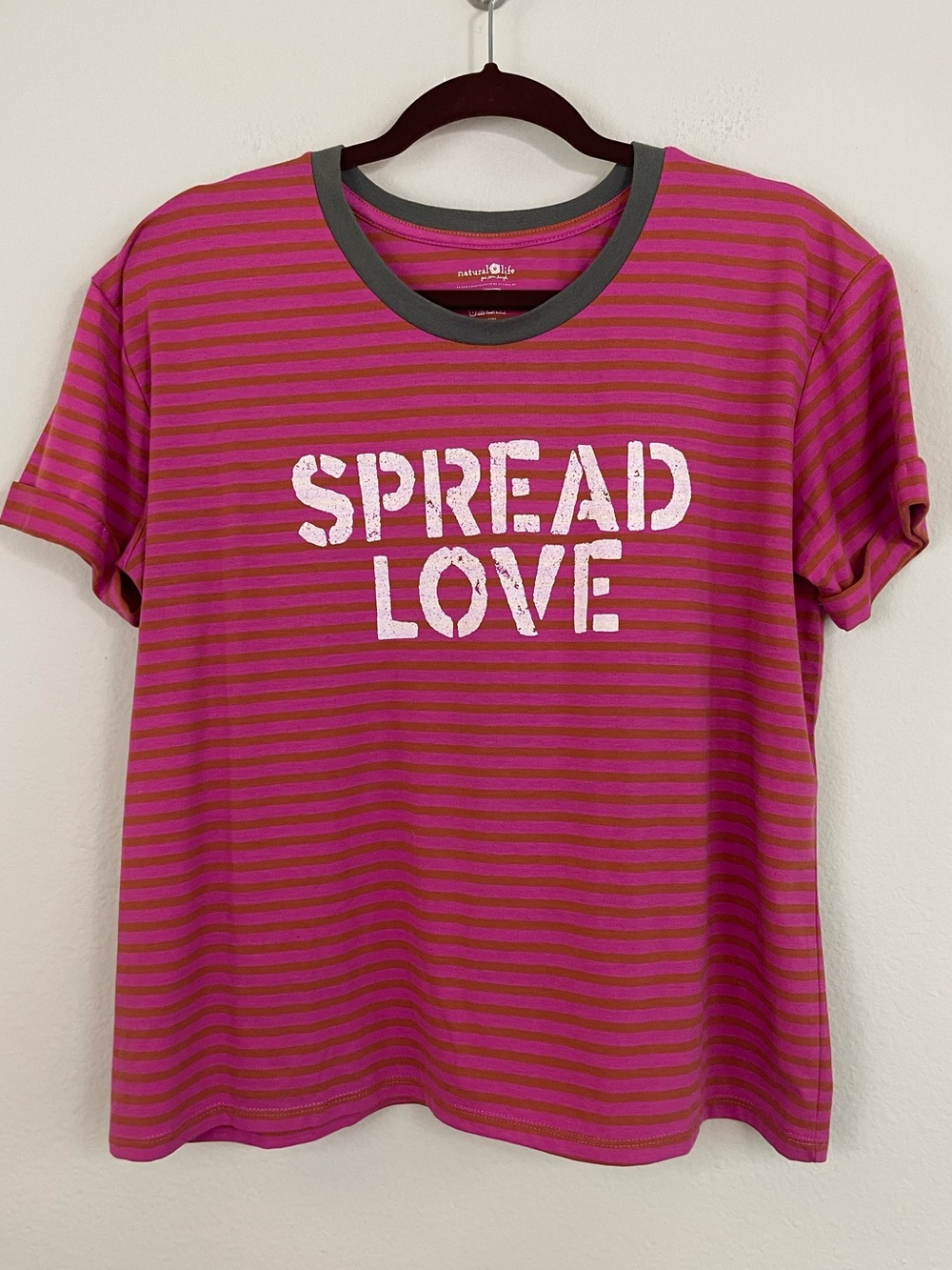 Natural Life “Spread Love” Graphic Striped Short Sleeve Tee Size Large